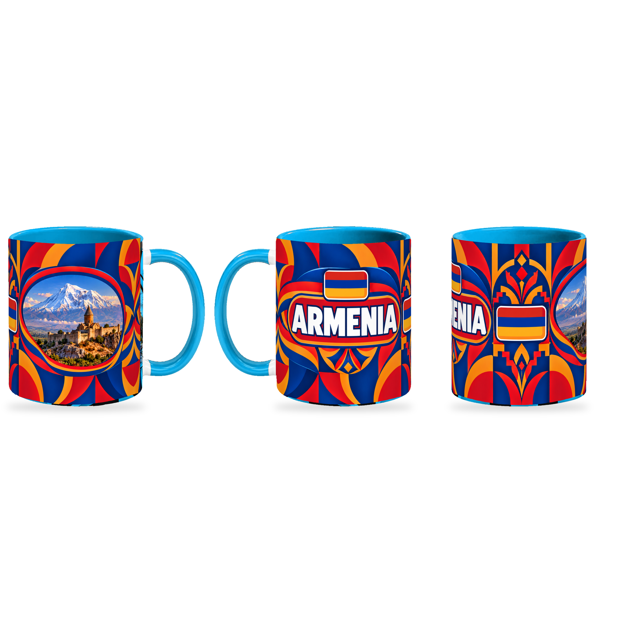 Armenia Mug – 320ml — three matching angles together on a white background with a soft shadow