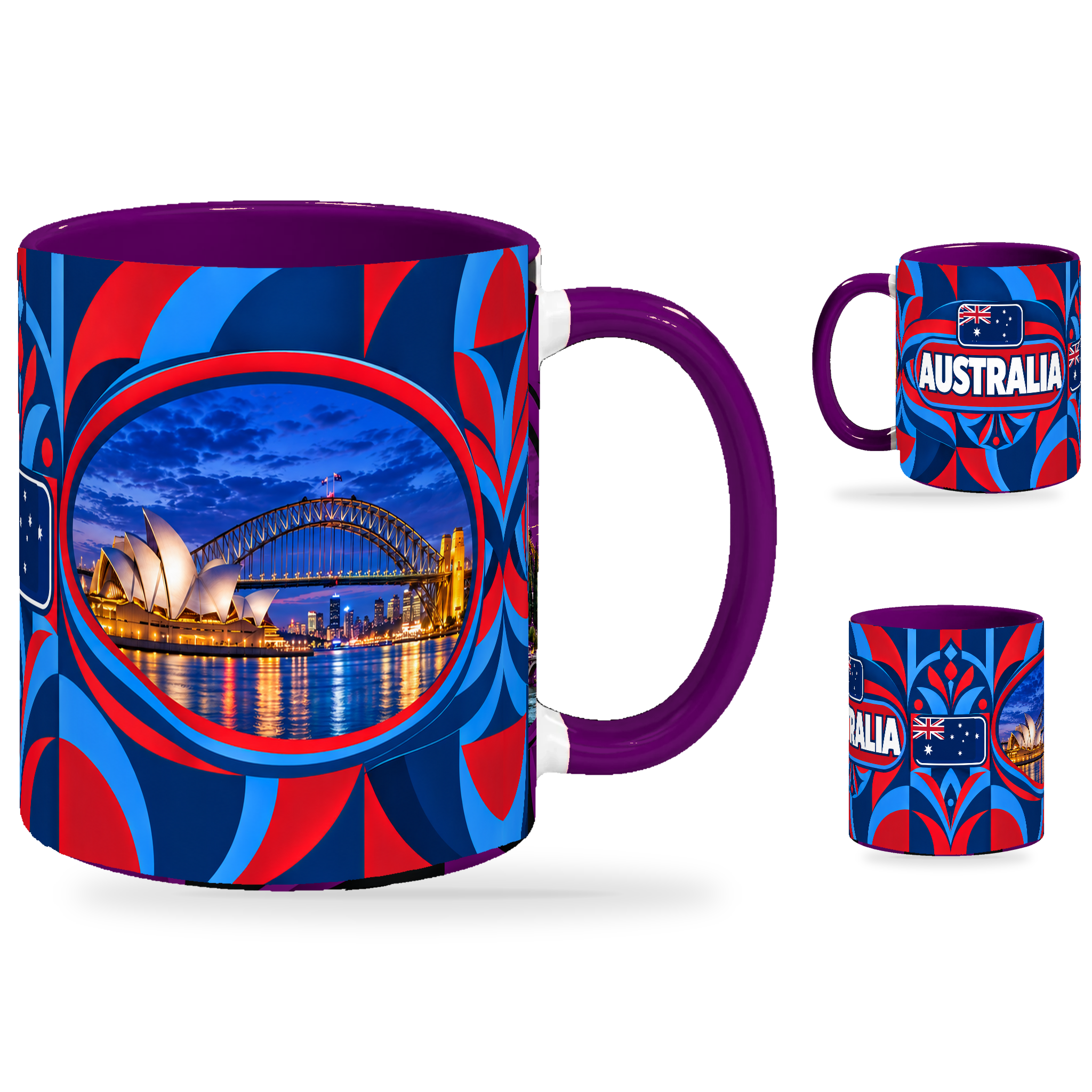 Australia Mug Purple – 320ml with purple handle, showing the landmark side plus companion country-name and centered-flag views of the glossy full-wrap design by Fann Bliss.