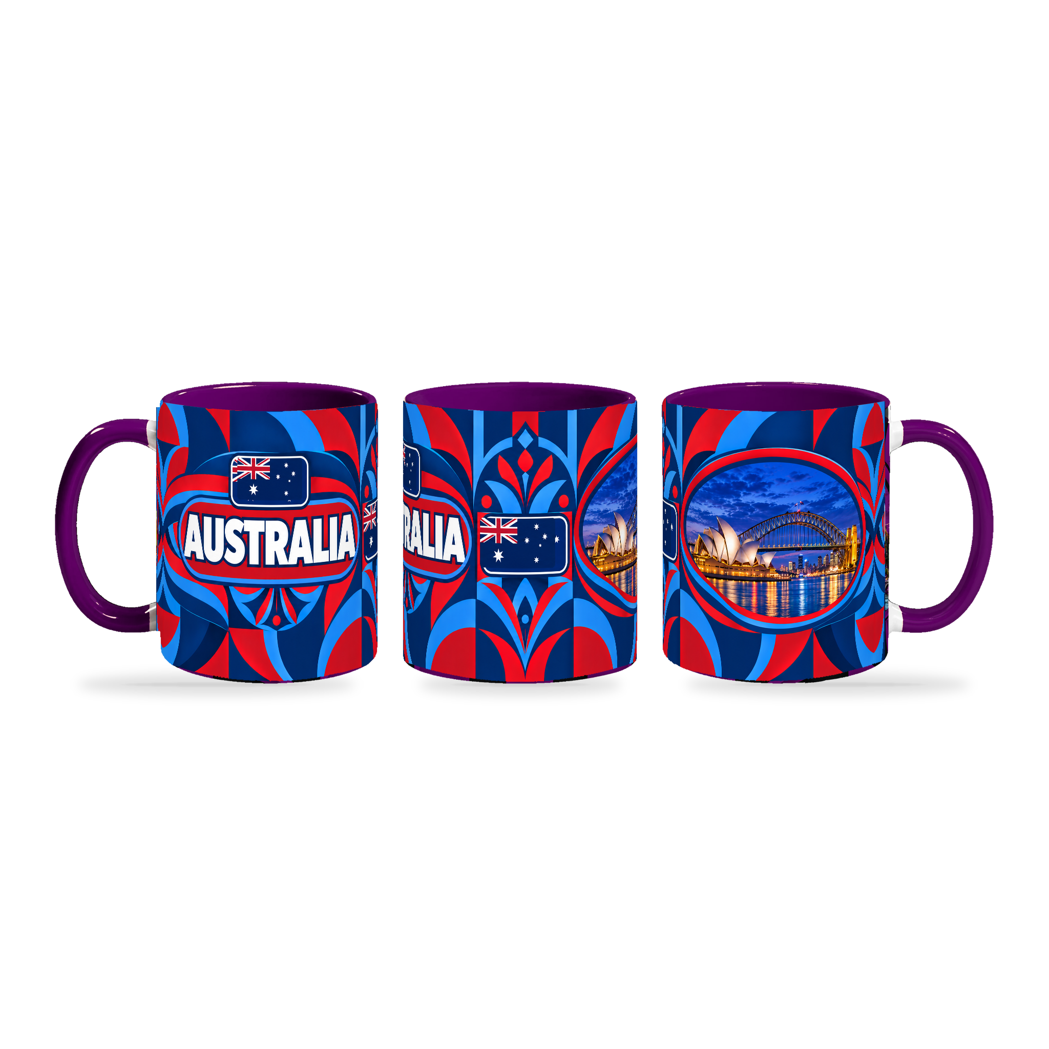 Australia Mug Purple – 320ml with purple handle, shown in three matching angles of the glossy full-wrap design by Fann Bliss.