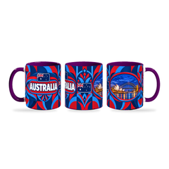 Australia Mug Purple – 320ml with purple handle, shown in three matching angles of the glossy full-wrap design by Fann Bliss.