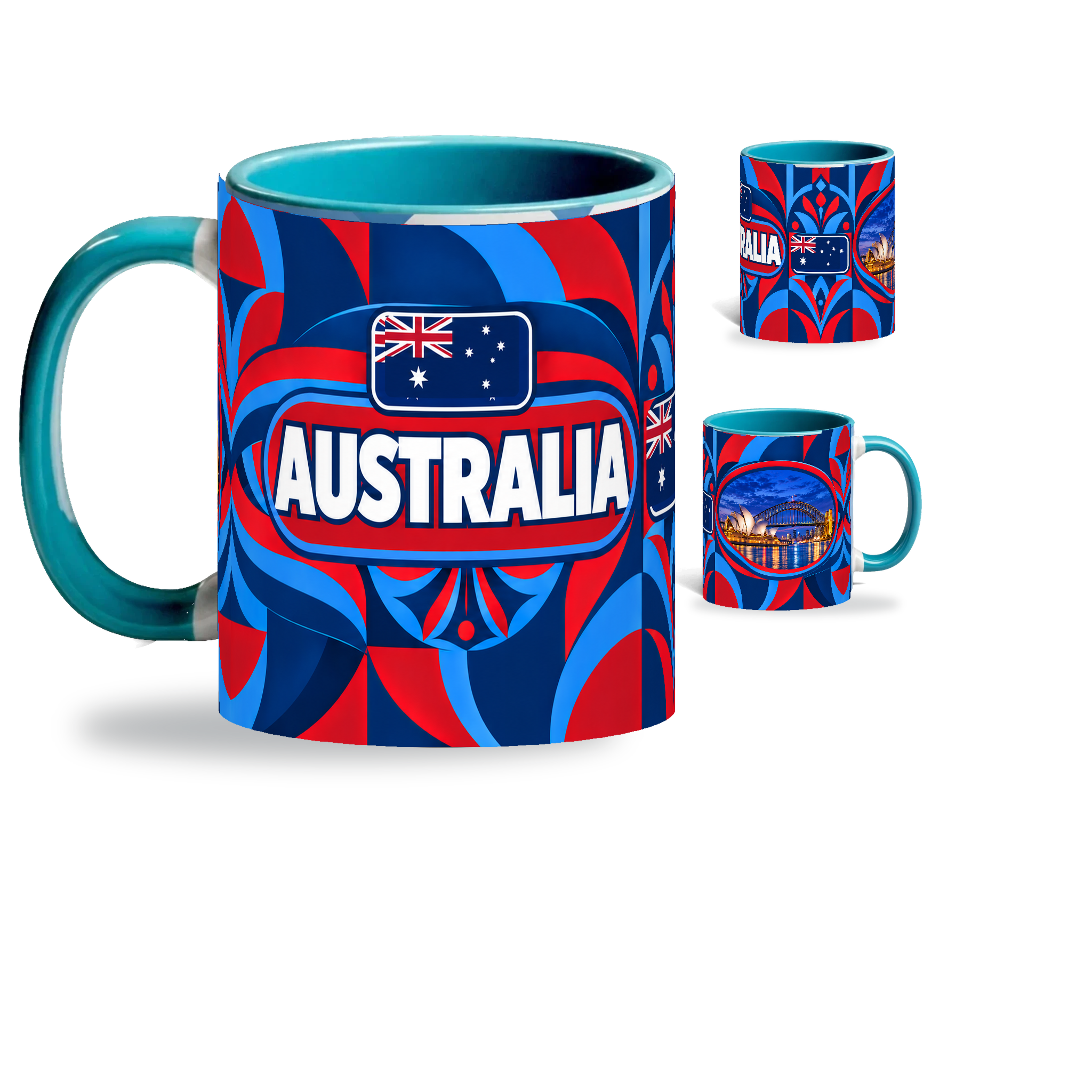 Australia Mug Teal – 320ml with teal handle, showing the country-name side plus companion centered-flag and landmark views of the glossy full-wrap design by Fann Bliss.