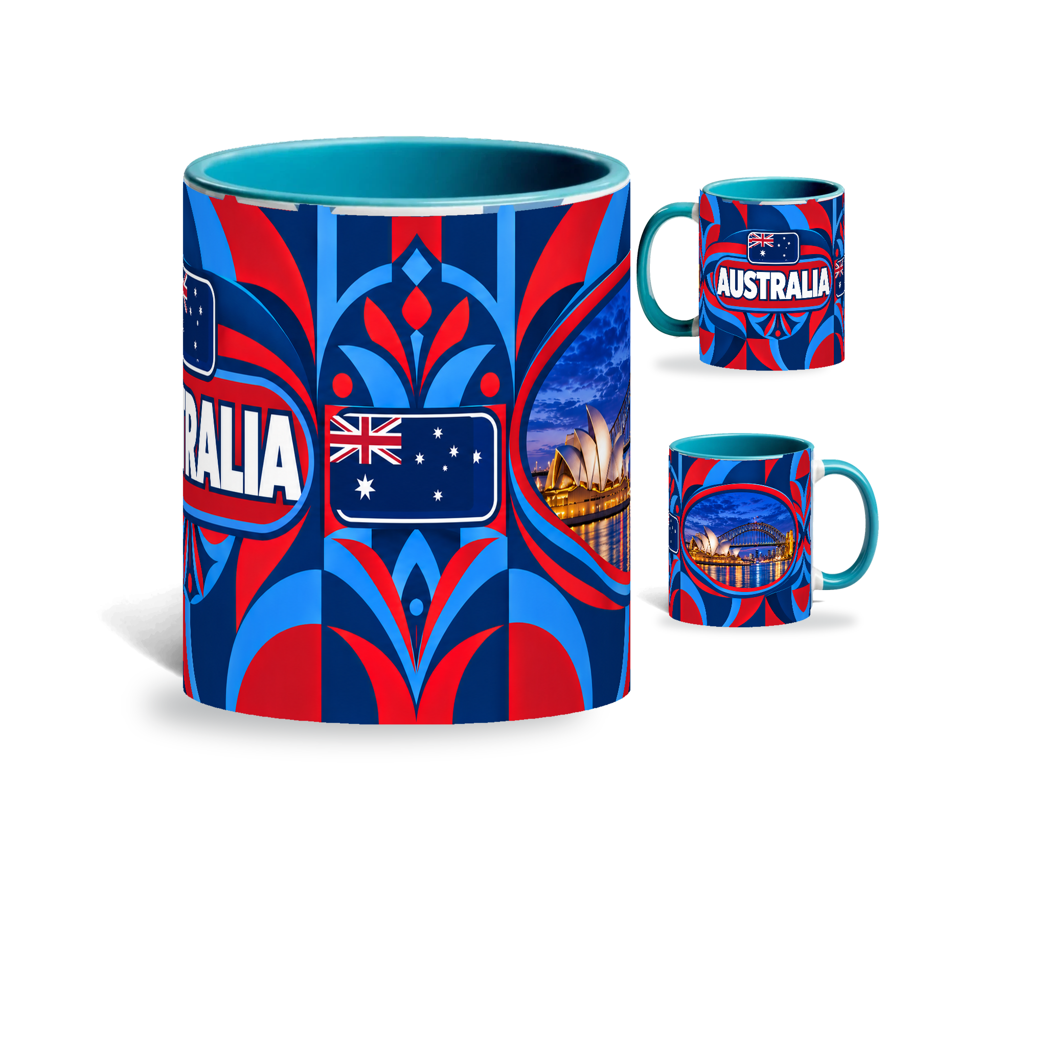 Australia Mug Teal – 320ml with teal handle, showing the centered flag view plus companion country-name and landmark views of the glossy full-wrap design by Fann Bliss.