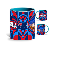 Australia Mug Teal – 320ml with teal handle, showing the centered flag view plus companion country-name and landmark views of the glossy full-wrap design by Fann Bliss.