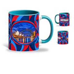 Australia Mug Teal – 320ml with teal handle, showing the landmark side plus companion country-name and centered-flag views of the glossy full-wrap design by Fann Bliss.