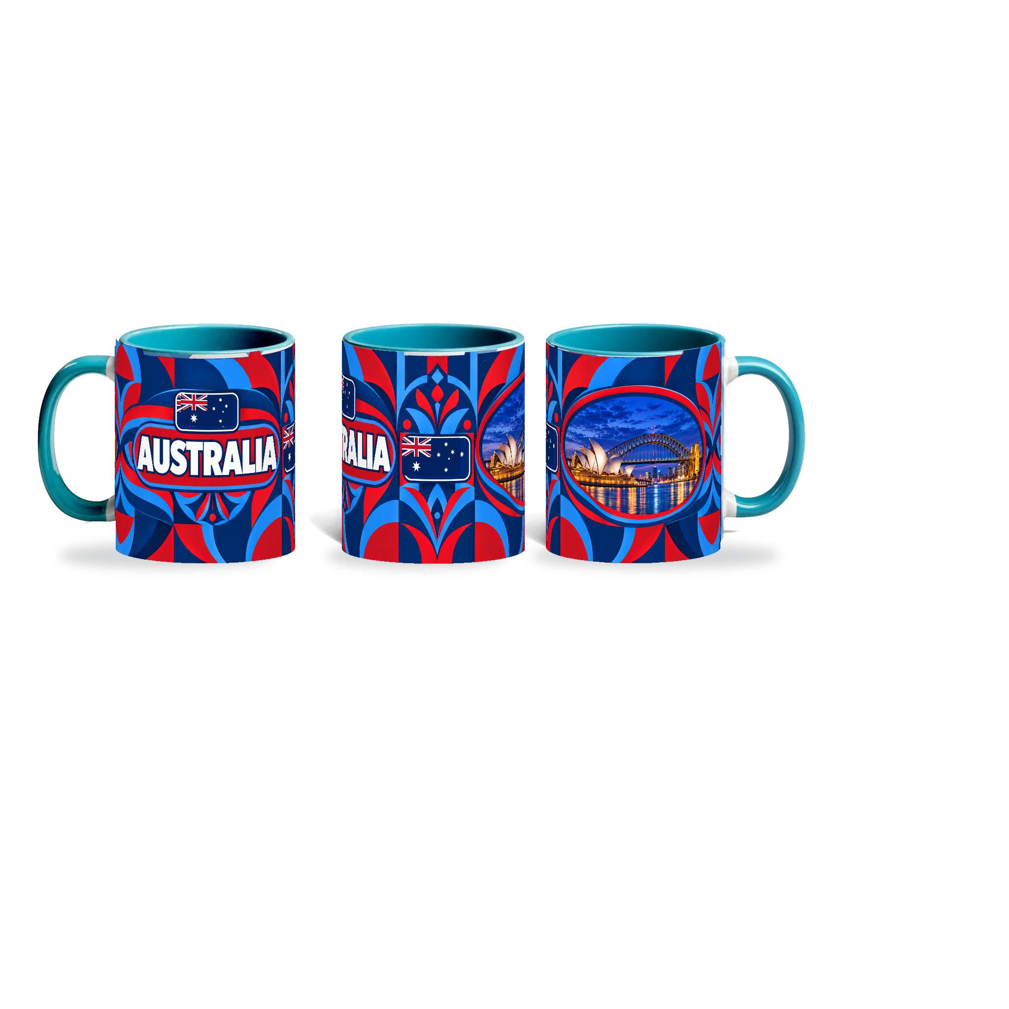 Australia Mug Teal – 320ml with teal handle, shown in three matching angles of the glossy full-wrap design by Fann Bliss.