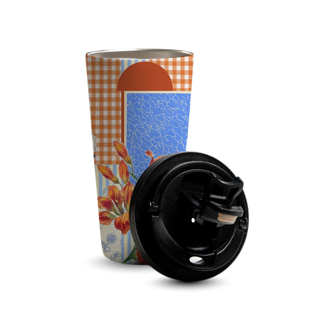 Autumn Bloom 480ml Tumbler by Fann Bliss — open tumbler with lid beside it