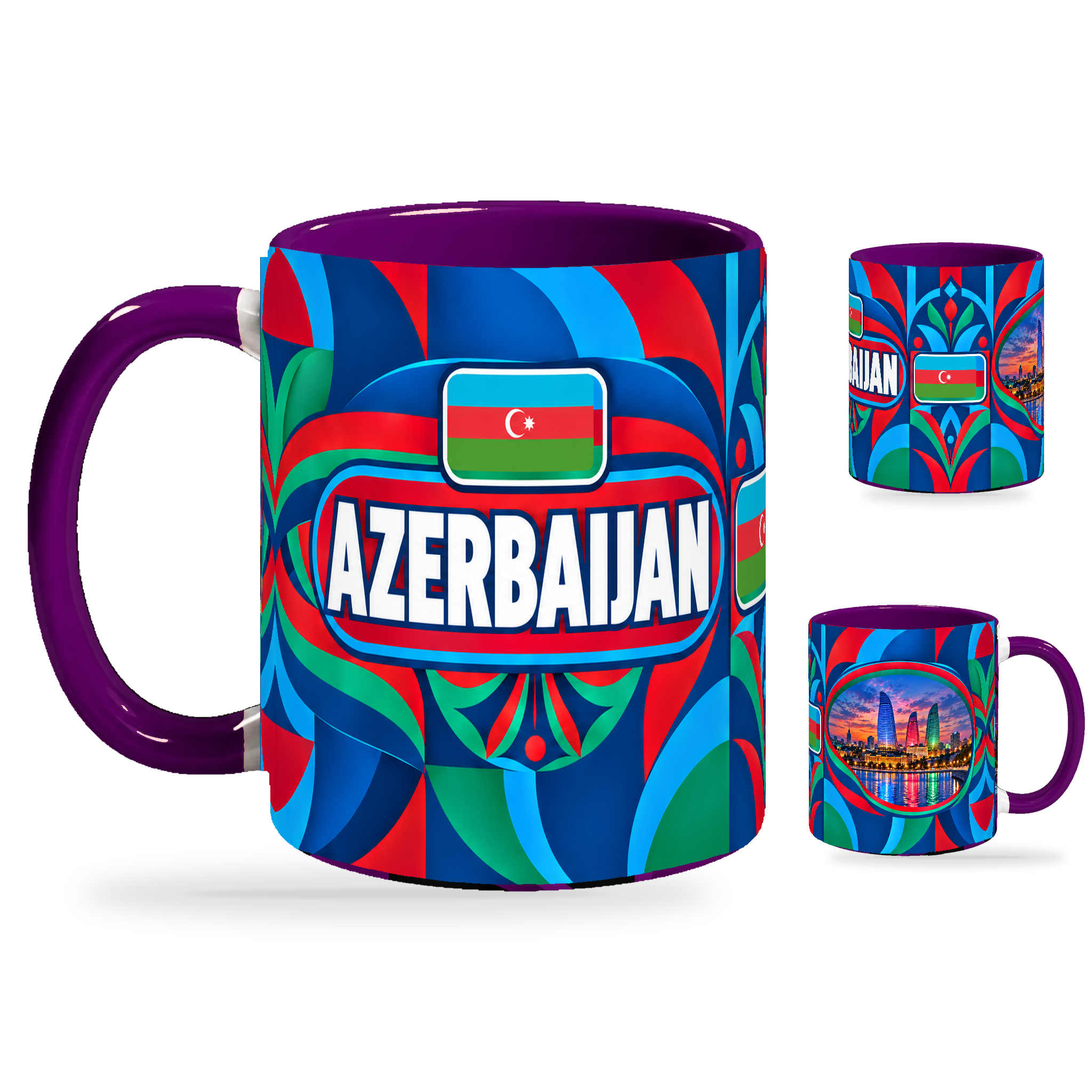 Azerbaijan Mug Purple – 320ml with purple handle, showing the country-name side plus companion centered-flag and landmark views of the glossy full-wrap design by Fann Bliss.