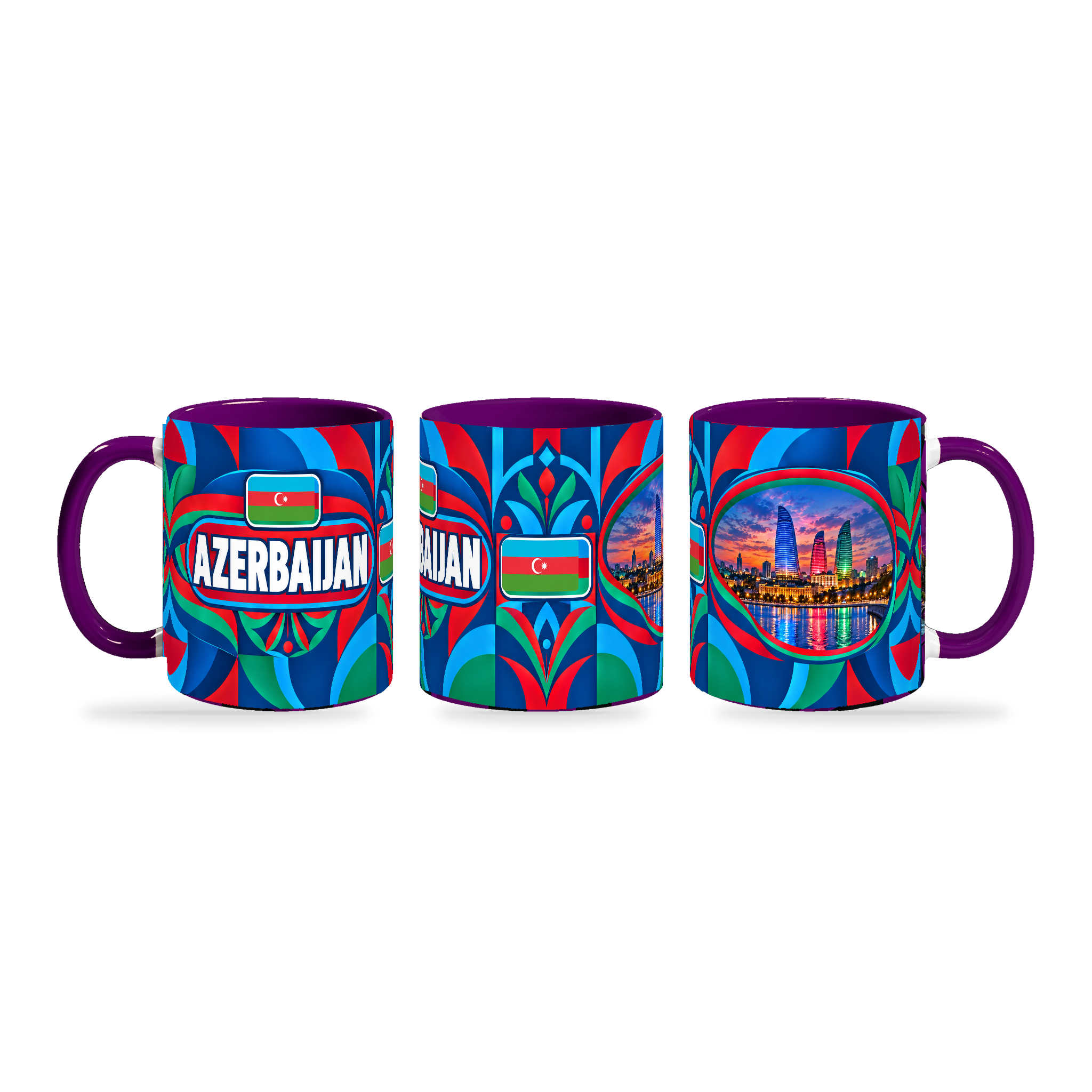 Azerbaijan Mug Purple – 320ml with purple handle, shown in three matching angles of the glossy full-wrap design by Fann Bliss.