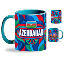 Azerbaijan Mug Teal – 320ml with teal handle, showing the country-name side plus companion centered-flag and landmark views of the glossy full-wrap design by Fann Bliss.