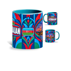 Azerbaijan Mug Teal – 320ml with teal handle, showing the centered flag view plus companion country-name and landmark views of the glossy full-wrap design by Fann Bliss.