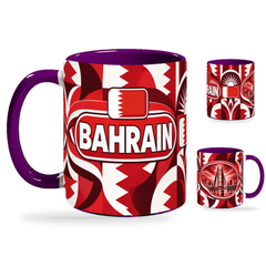 Bahrain Mug – 320ml with purple handle, showing the country-name side plus companion centered-flag and landmark views of the glossy full-wrap design by Fann Bliss.