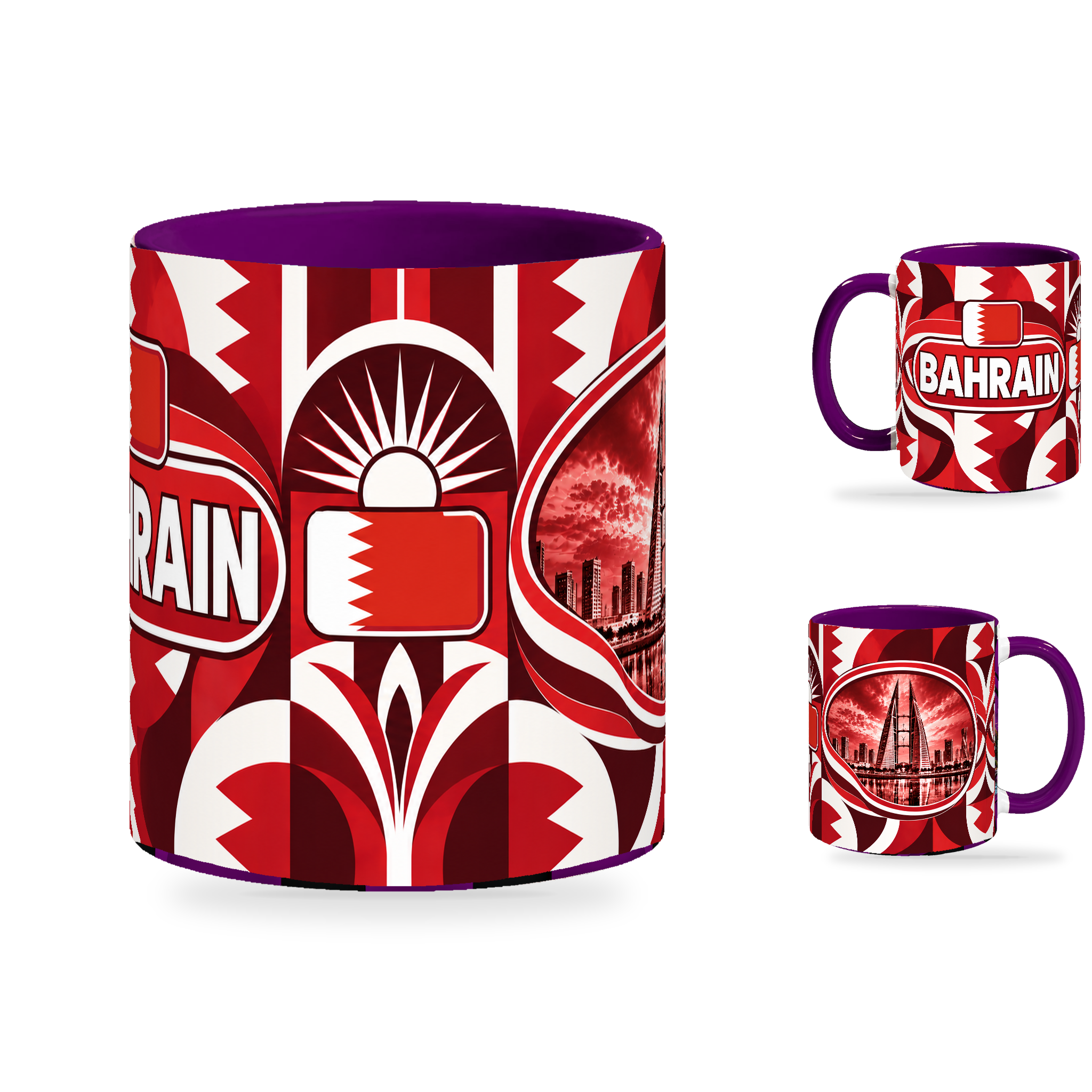 Bahrain Mug – 320ml with purple handle, showing the centered flag view plus companion country-name and landmark views of the glossy full-wrap design by Fann Bliss.