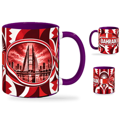 Bahrain Mug – 320ml with purple handle, showing the landmark side plus companion country-name and centered-flag views of the glossy full-wrap design by Fann Bliss.