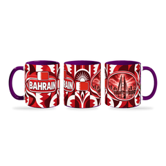 Bahrain Mug – 320ml with purple handle, shown in three matching angles of the glossy full-wrap design by Fann Bliss.