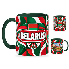 Belarus Mug – 320ml with dark green handle, showing the country-name side plus companion centered-flag and landmark views of the glossy full-wrap design by Fann Bliss.
