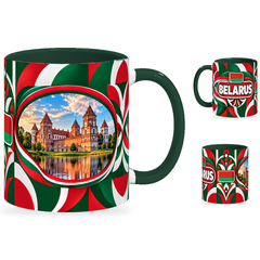 Belarus Mug – 320ml with dark green handle, showing the landmark side plus companion country-name and centered-flag views of the glossy full-wrap design by Fann Bliss.
