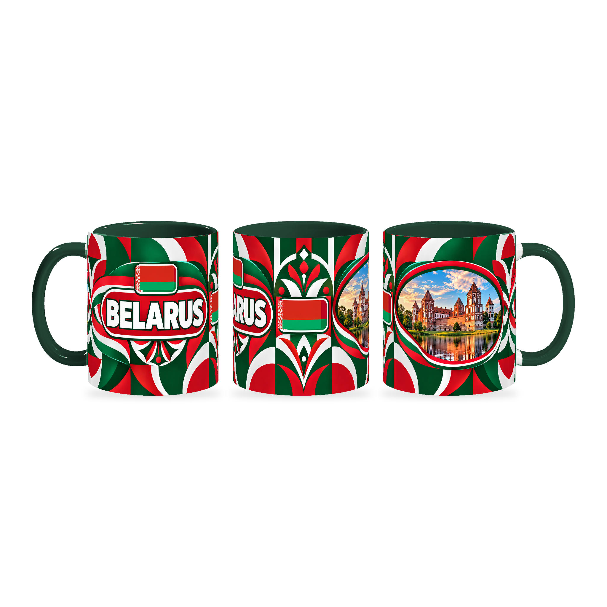 Belarus Mug – 320ml with dark green handle, shown in three matching angles of the glossy full-wrap design by Fann Bliss.
