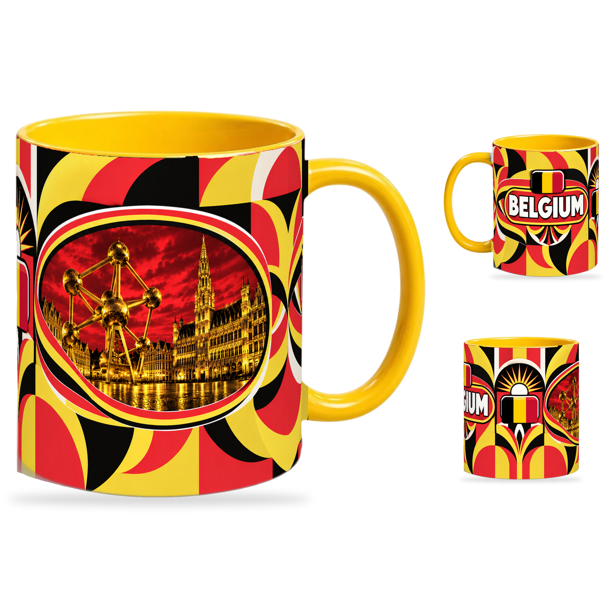 Belgium Mug – 320ml with yellow handle, showing the landmark side plus companion country-name and centered-flag views of the glossy full-wrap design by Fann Bliss.