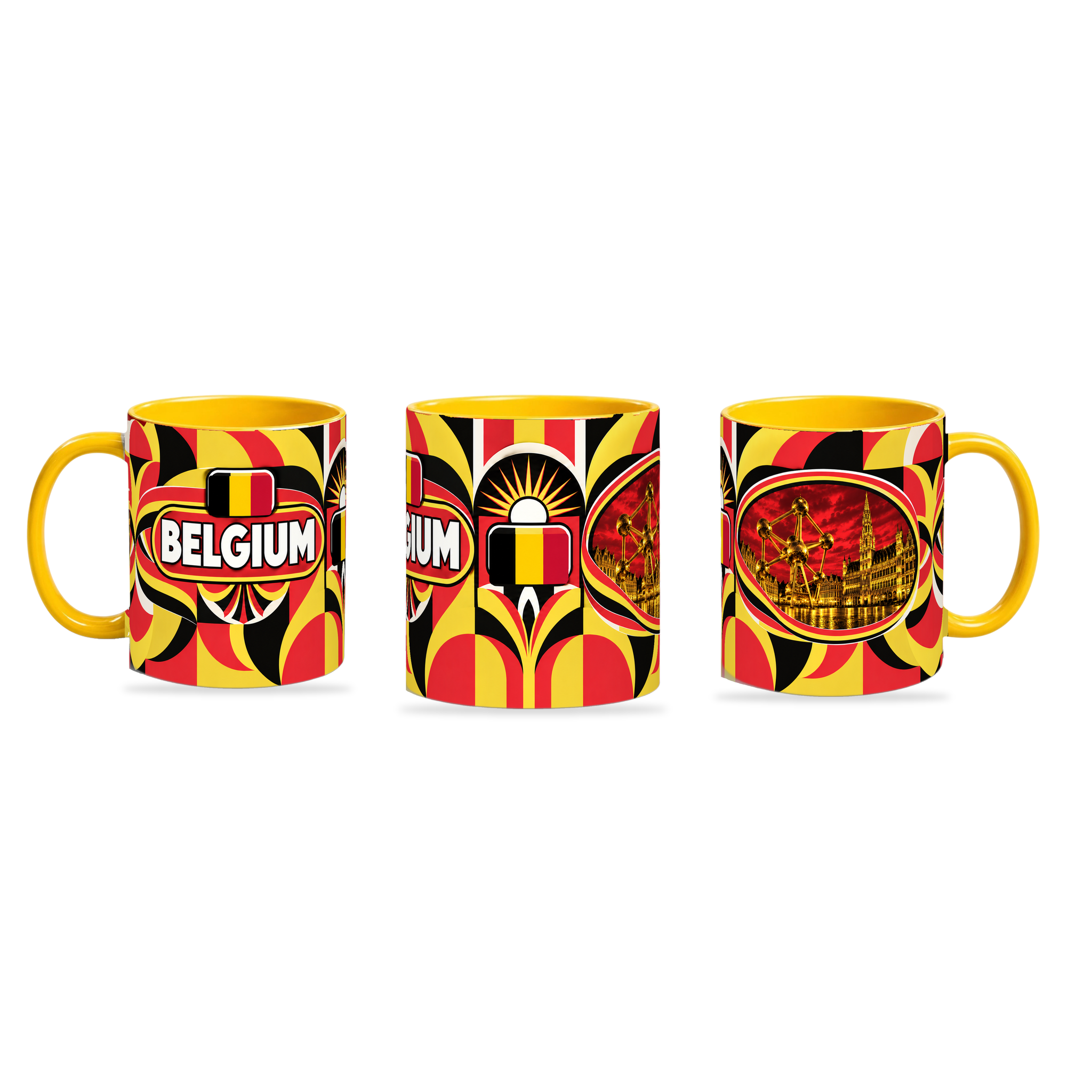 Belgium Mug – 320ml with yellow handle, shown in three matching angles of the glossy full-wrap design by Fann Bliss.