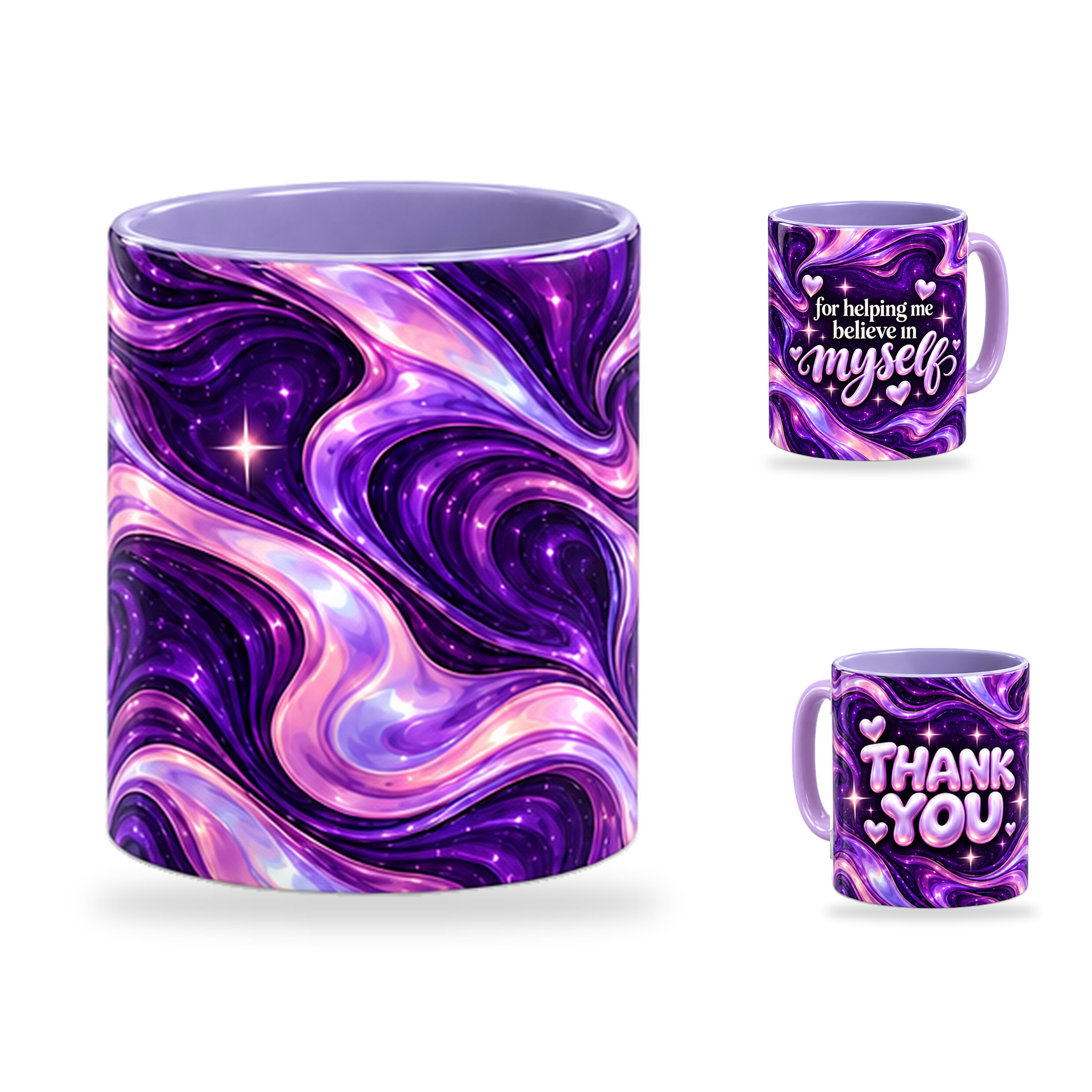 Believe In Me Mug – 320ml, Light Purple ceramic mug, centre-pattern of the Teacher’s Day artwork
