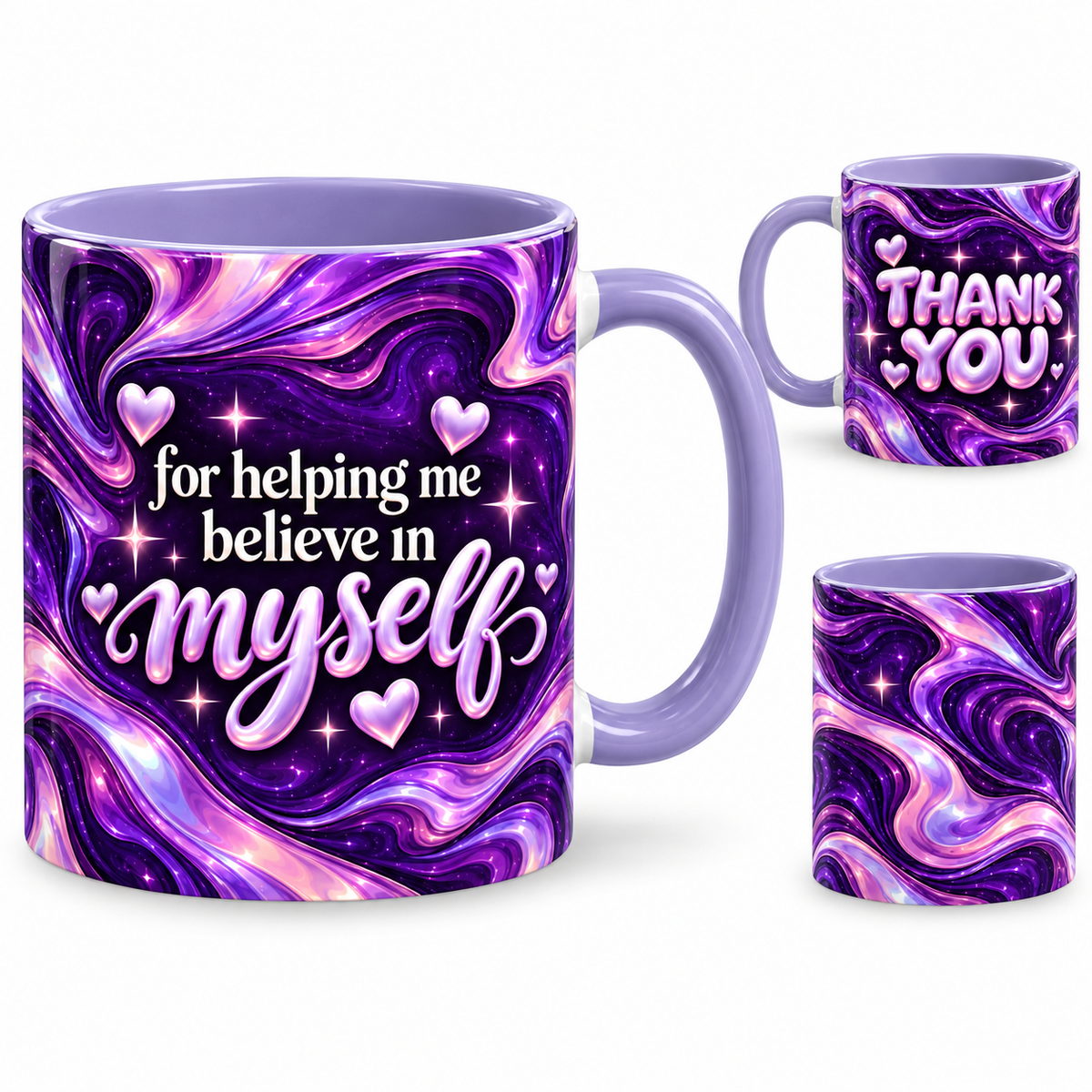 Believe In Me Mug – 320ml, light purple ceramic mug, views of the full-wrap Teacher’s Day design