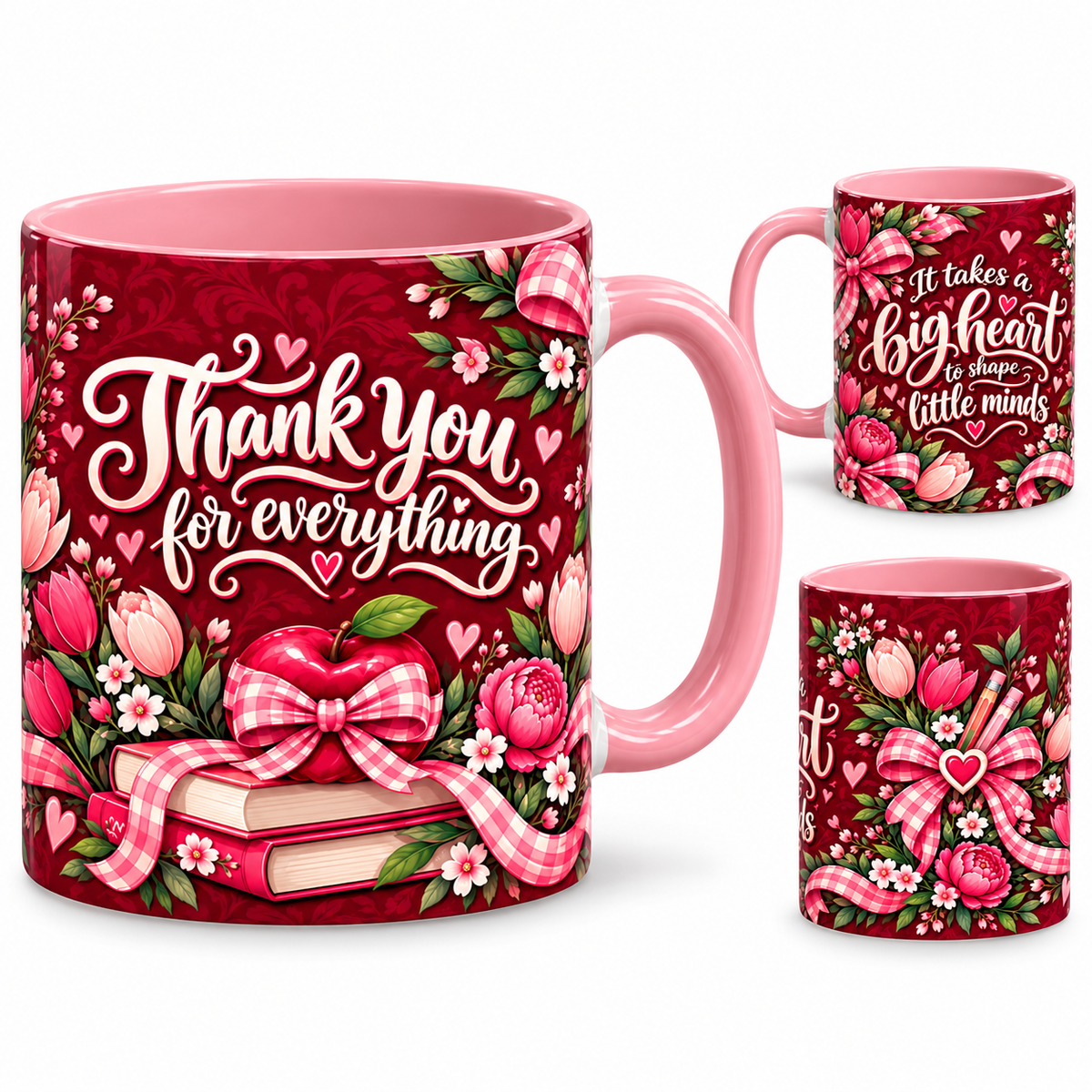 Big Heart Mug – 320ml, pink ceramic mug, views of the full-wrap Teacher’s Day design
