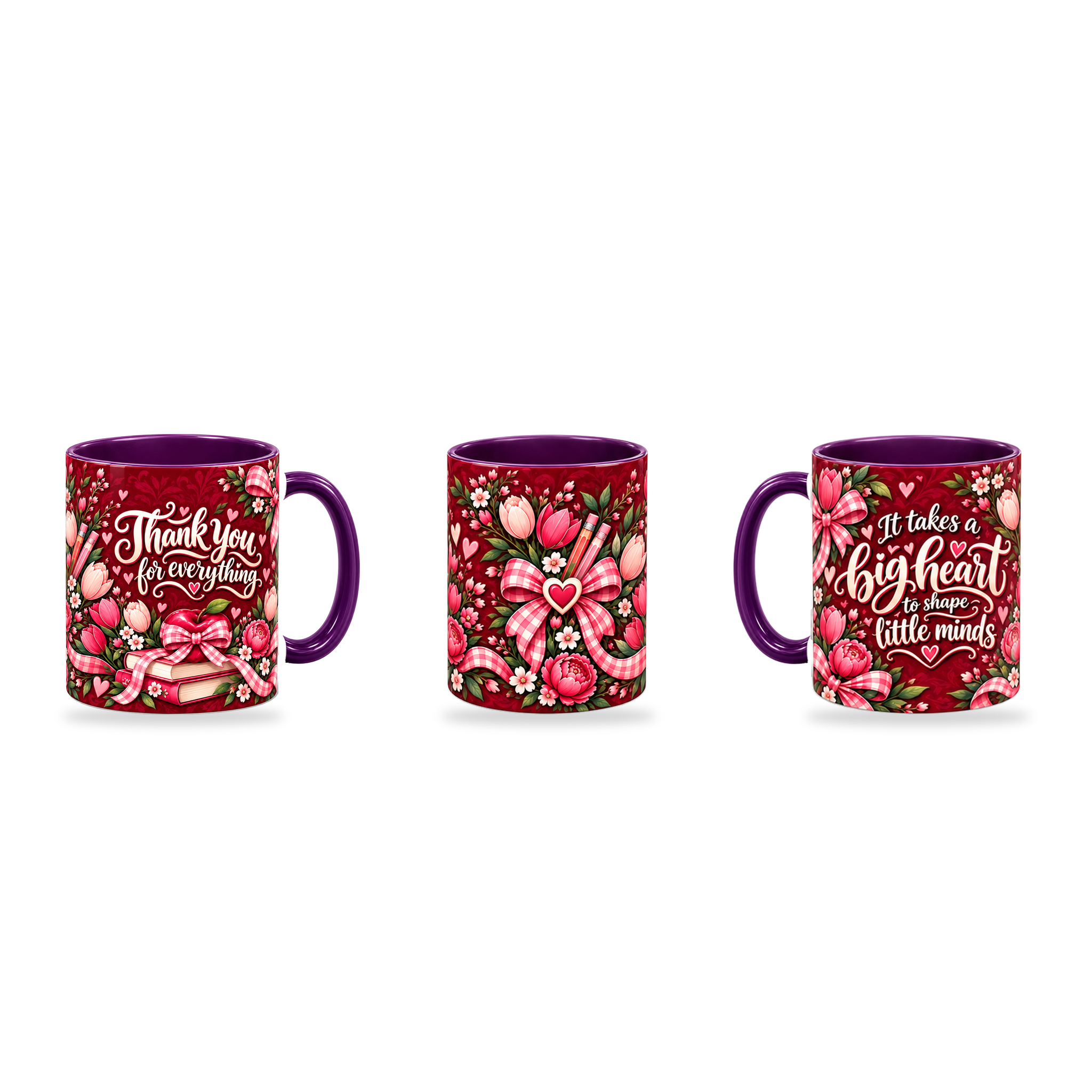 Big Heart Mug – 320ml, Purple ceramic mug, three-angle overview of the Teacher’s Day artwork