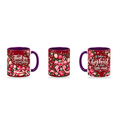 Big Heart Mug – 320ml, Purple ceramic mug, three-angle overview of the Teacher’s Day artwork