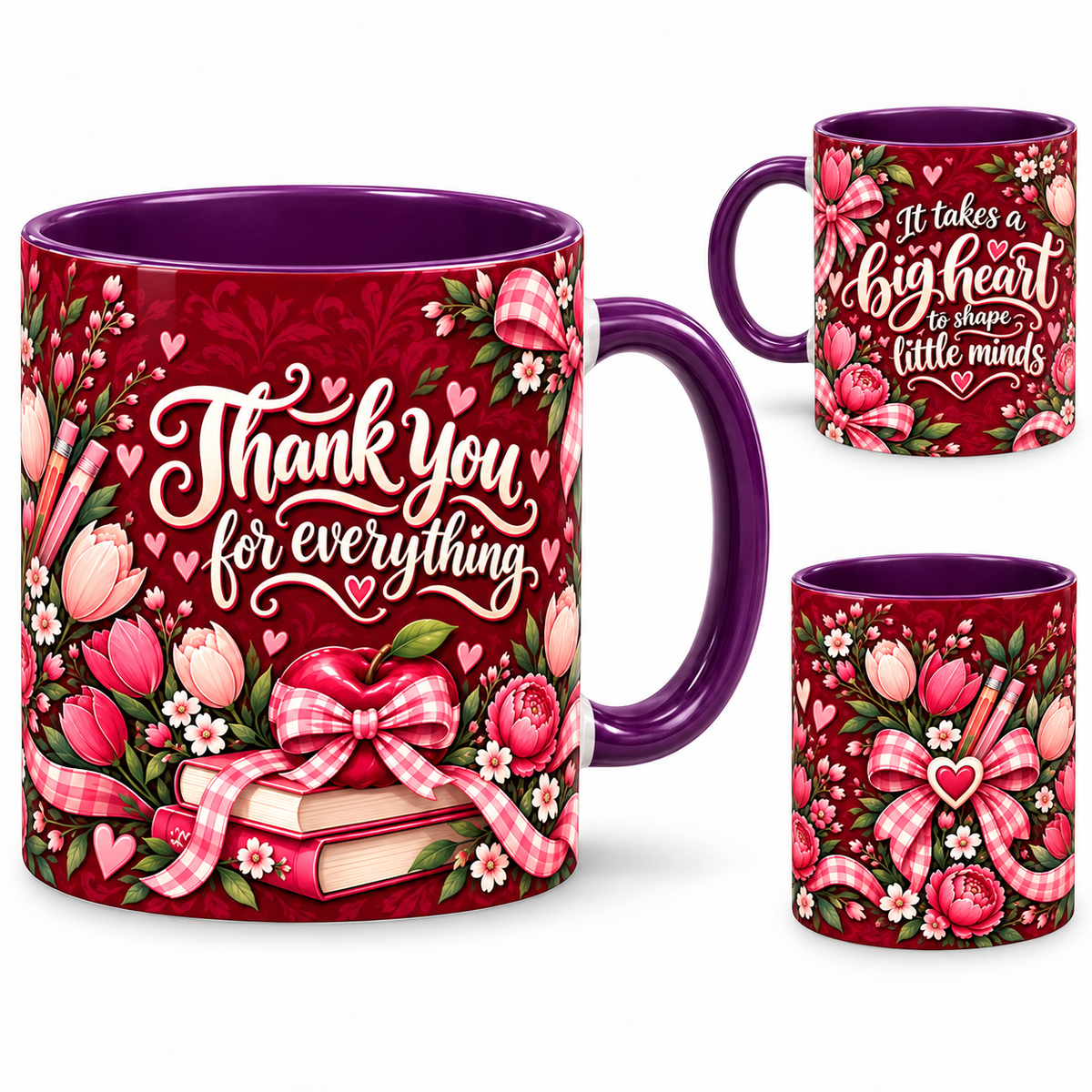 Big Heart Mug – 320ml, purple ceramic mug, views of the full-wrap Teacher’s Day design
