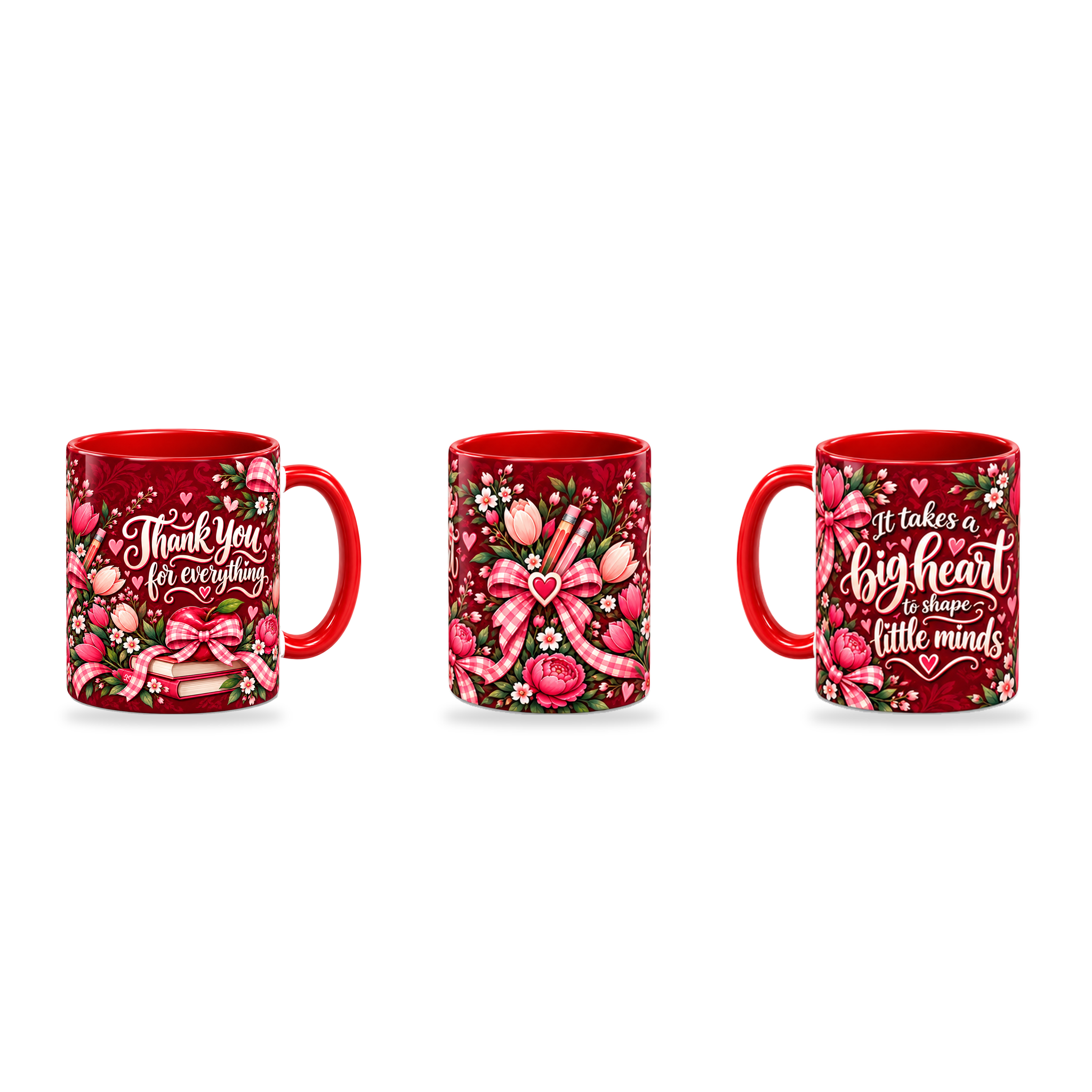 Big Heart Mug – 320ml, Red ceramic mug, three-angle overview of the Teacher’s Day artwork