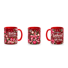Big Heart Mug – 320ml, Red ceramic mug, three-angle overview of the Teacher’s Day artwork
