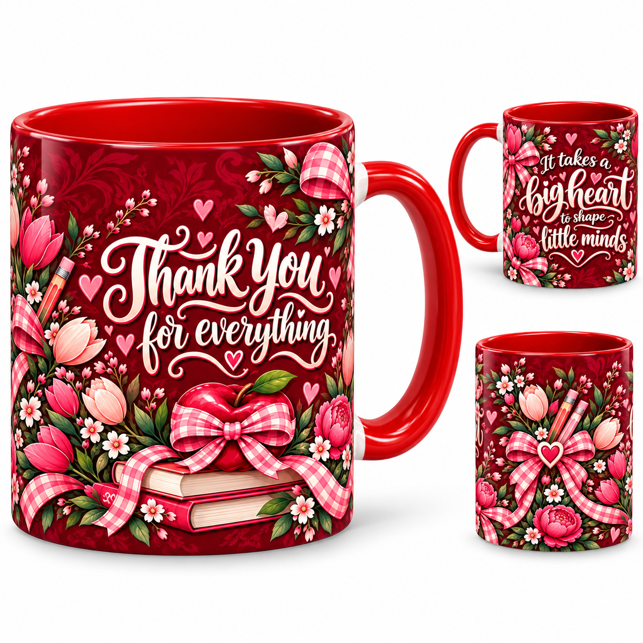 Big Heart Mug – 320ml, red ceramic mug, views of the full-wrap Teacher’s Day design