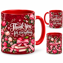 Big Heart Mug – 320ml, red ceramic mug, views of the full-wrap Teacher’s Day design