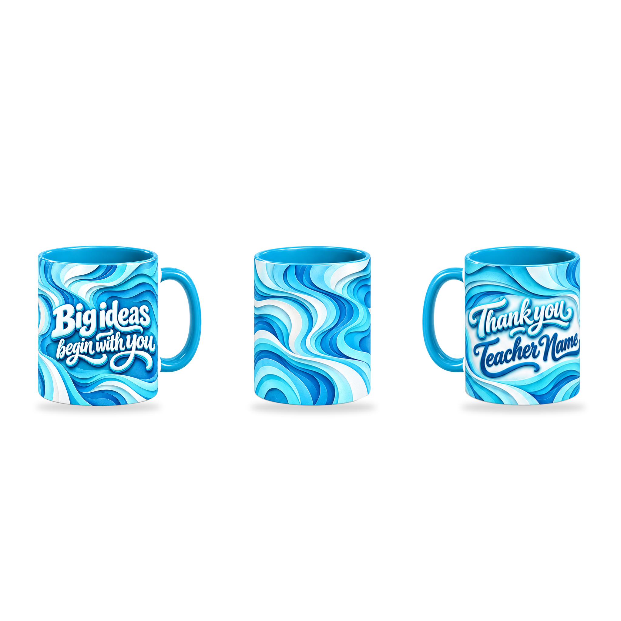 Big Ideas Mug – 320ml, Light Blue ceramic mug, three-angle overview of the Teacher’s Day artwork