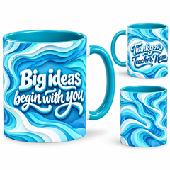 Big Ideas Mug – 320ml, teal ceramic mug, views of the full-wrap Teacher’s Day design