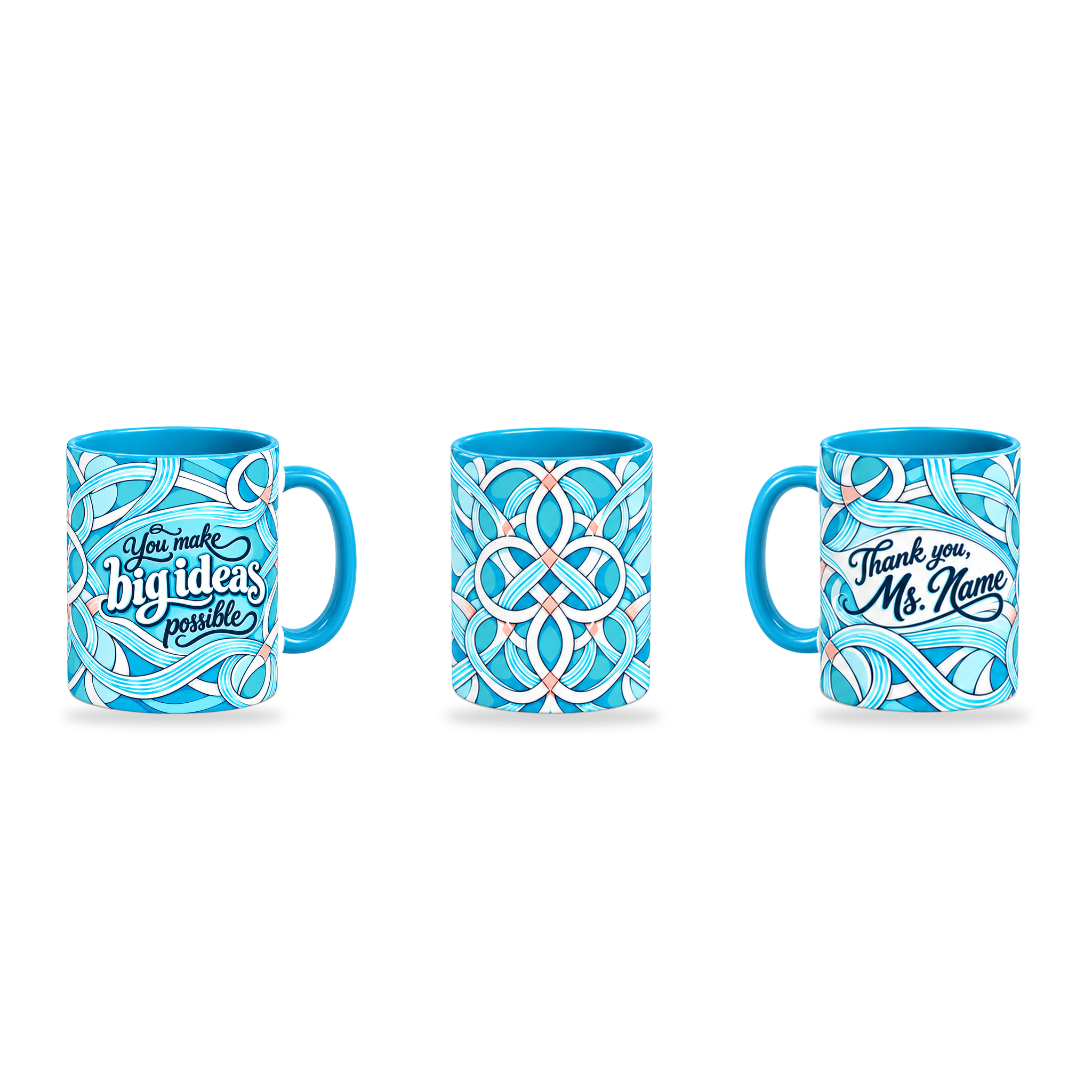 Big Possibilities Mug – 320ml, Light Blue ceramic mug, three-angle overview of the Teacher’s Day artwork