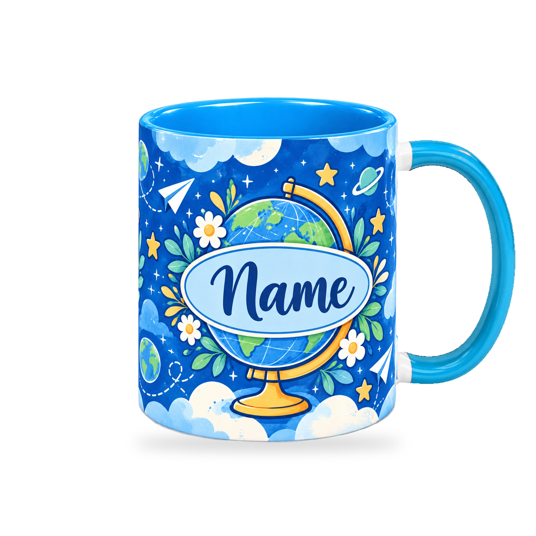 Blue Sky Explorer Teacher Mug – 320ml — right view on a transparent background