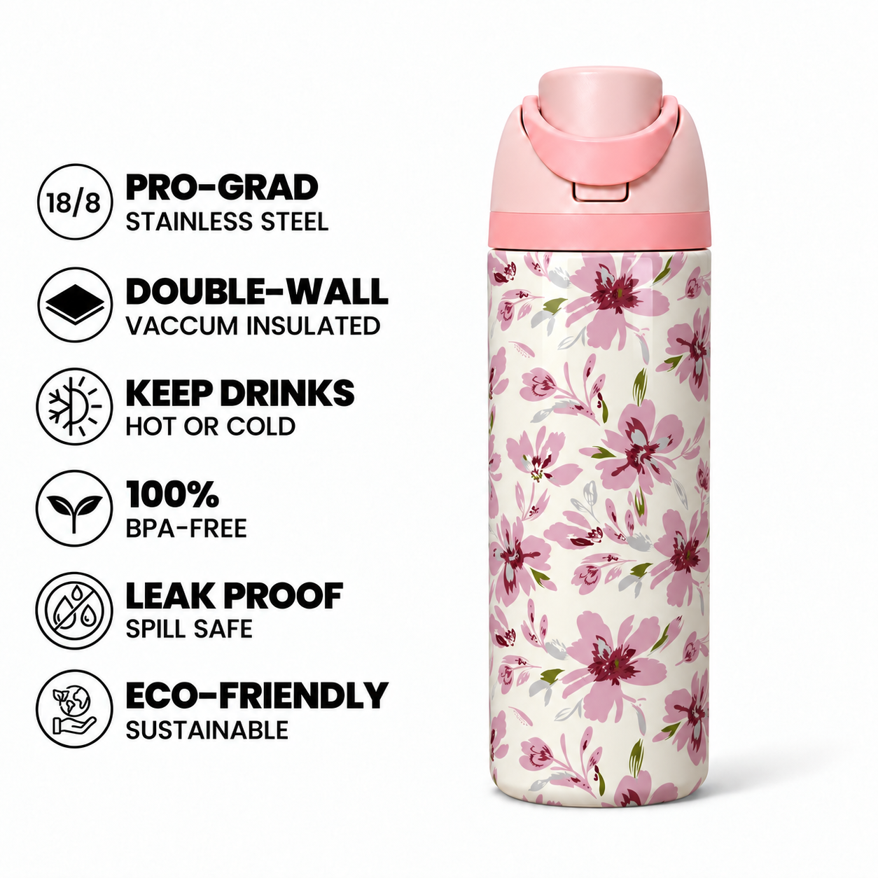 Blush Bloom Free Sip Bottle 720ML with Pink-Pink lid - insulated stainless steel features