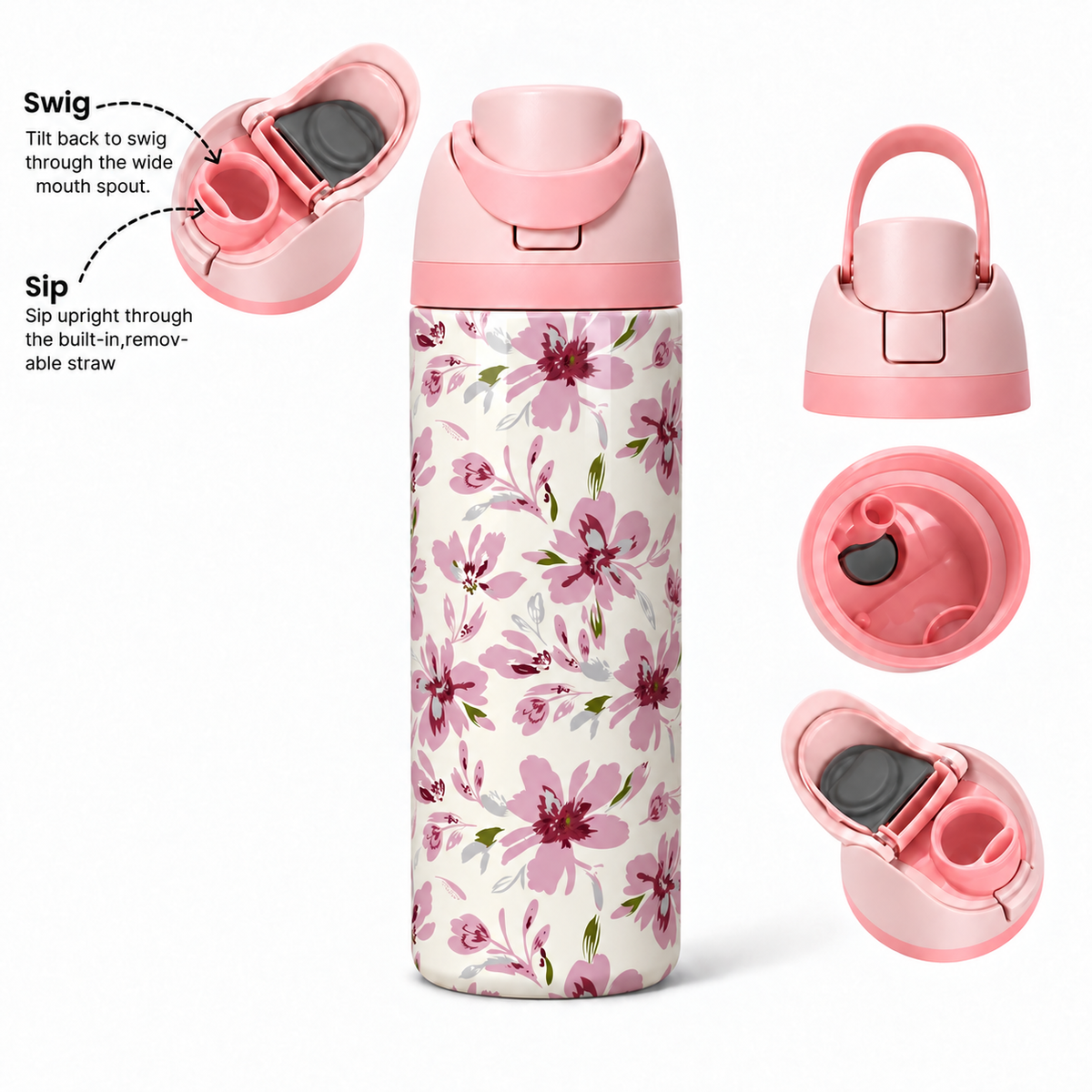 Blush Bloom Free Sip Bottle 720ML with Pink-Pink lid - sip and swig lid details