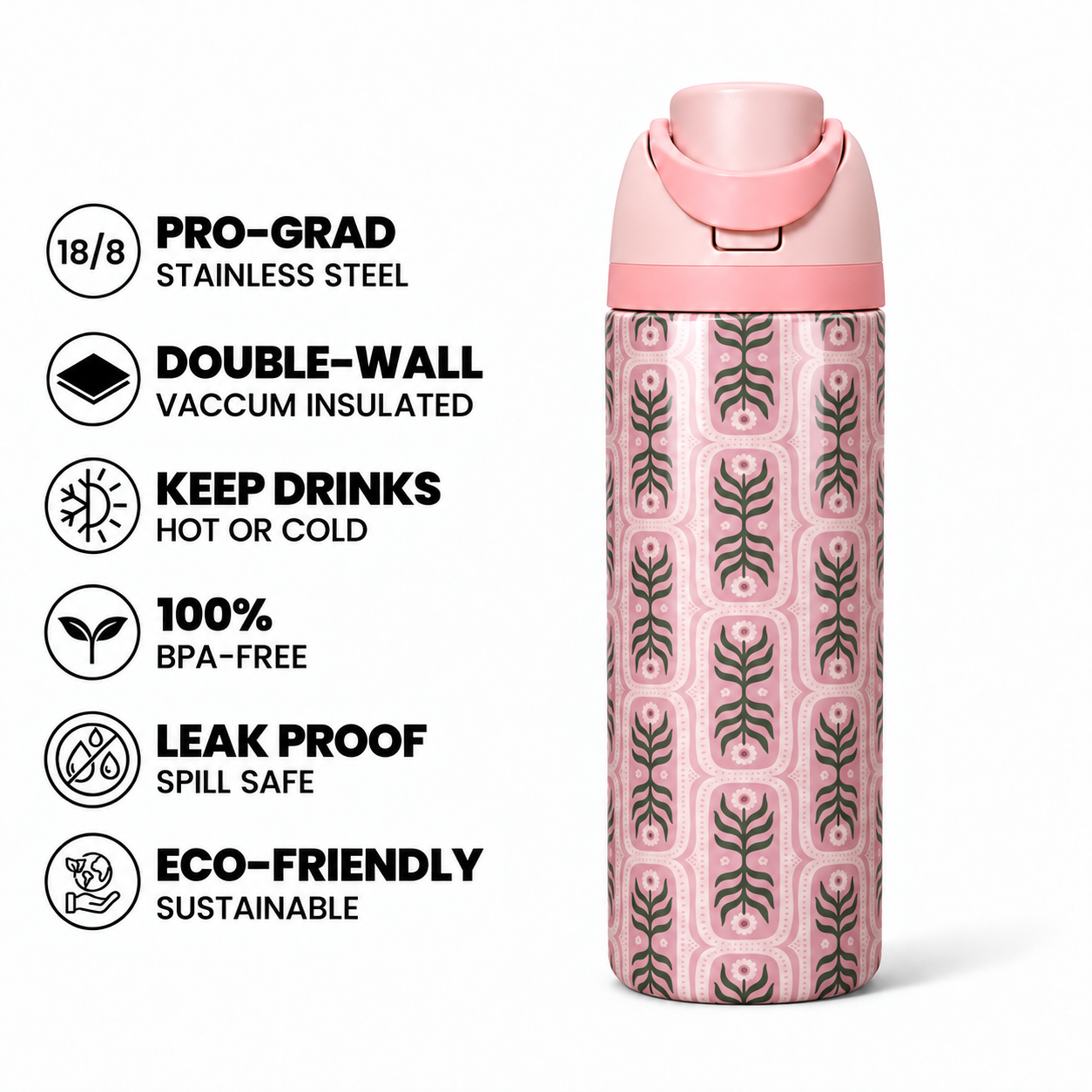 Blush Botanica Free Sip Bottle 720ML with Pink-Pink lid - insulated stainless steel features