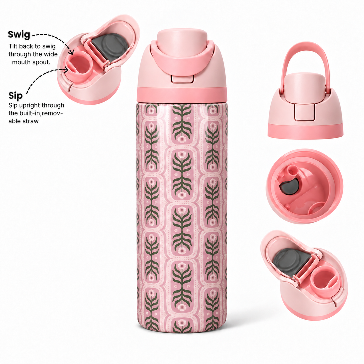 Blush Botanica Free Sip Bottle 720ML with Pink-Pink lid - sip and swig lid details