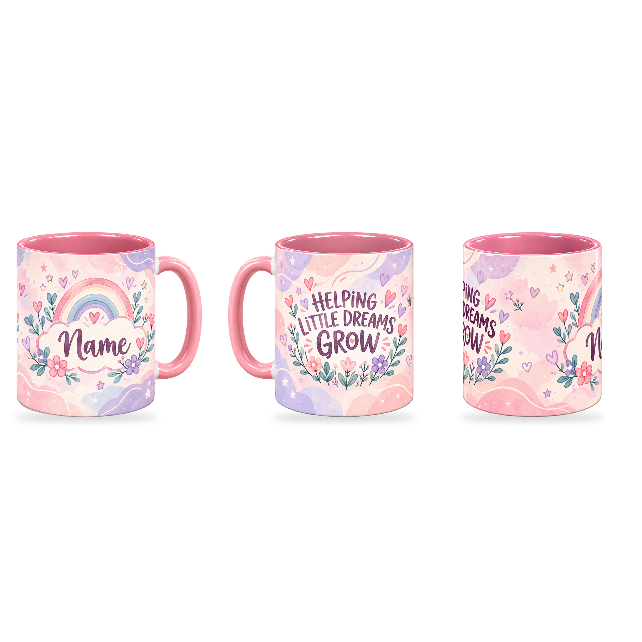 Blush Rainbow Promise Teacher Mug – 320ml — right, left and centre views together on a transparent background