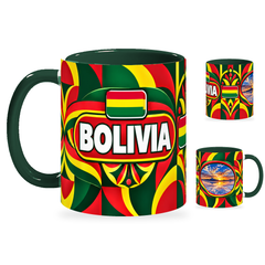 Bolivia Mug – 320ml with dark green handle, showing the country-name side plus companion centered-flag and landmark views of the glossy full-wrap design by Fann Bliss.