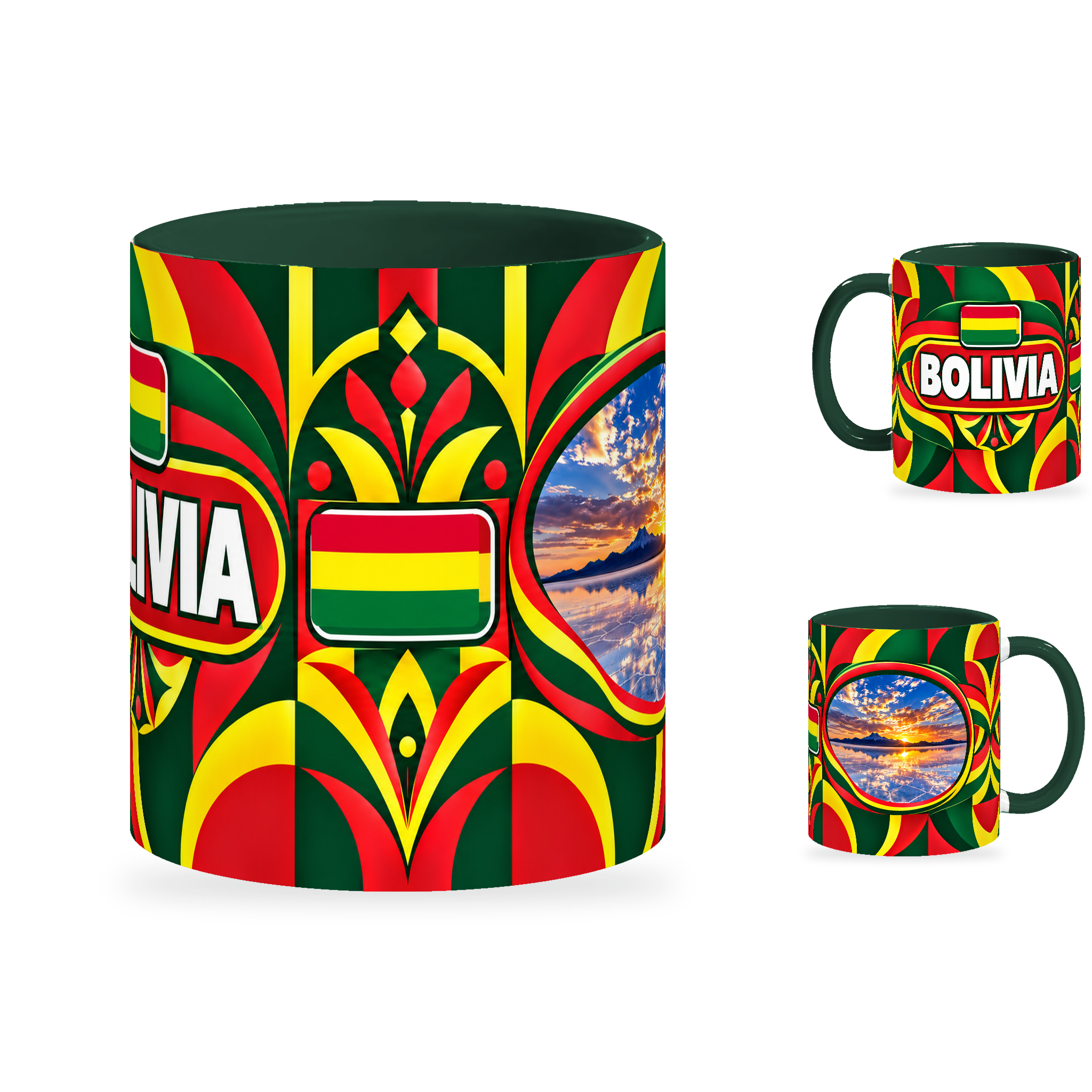 Bolivia Mug – 320ml with dark green handle, showing the centered flag view plus companion country-name and landmark views of the glossy full-wrap design by Fann Bliss.