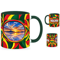 Bolivia Mug – 320ml with dark green handle, showing the landmark side plus companion country-name and centered-flag views of the glossy full-wrap design by Fann Bliss.