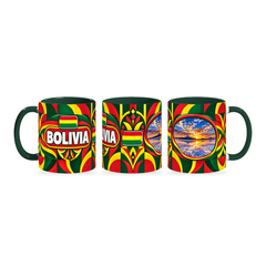Bolivia Mug – 320ml with dark green handle, shown in three matching angles of the glossy full-wrap design by Fann Bliss.
