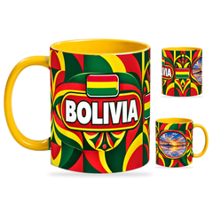 Bolivia Mug Yellow – 320ml with yellow handle, showing the country-name side plus companion centered-flag and landmark views of the glossy full-wrap design by Fann Bliss.