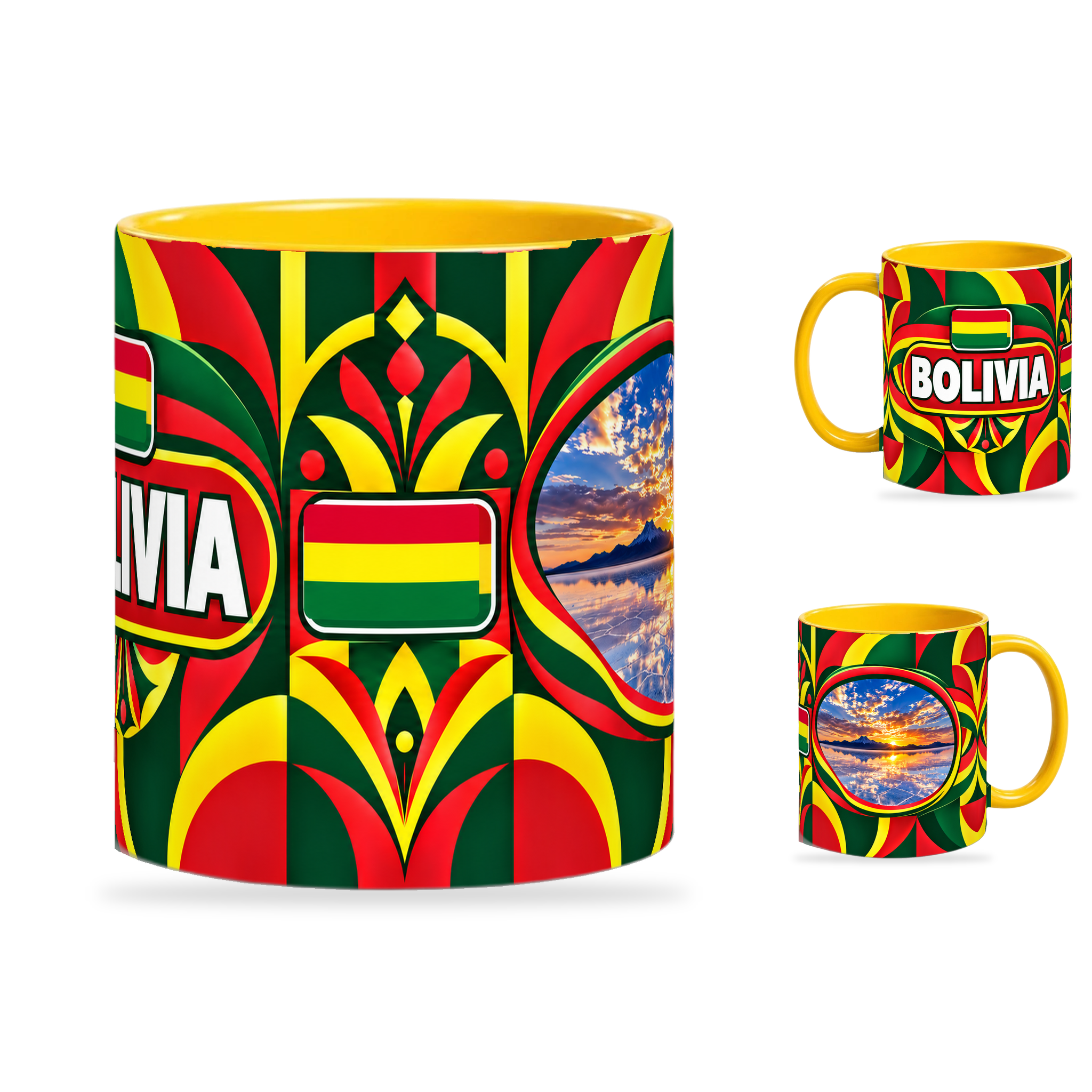 Bolivia Mug Yellow – 320ml with yellow handle, showing the centered flag view plus companion country-name and landmark views of the glossy full-wrap design by Fann Bliss.