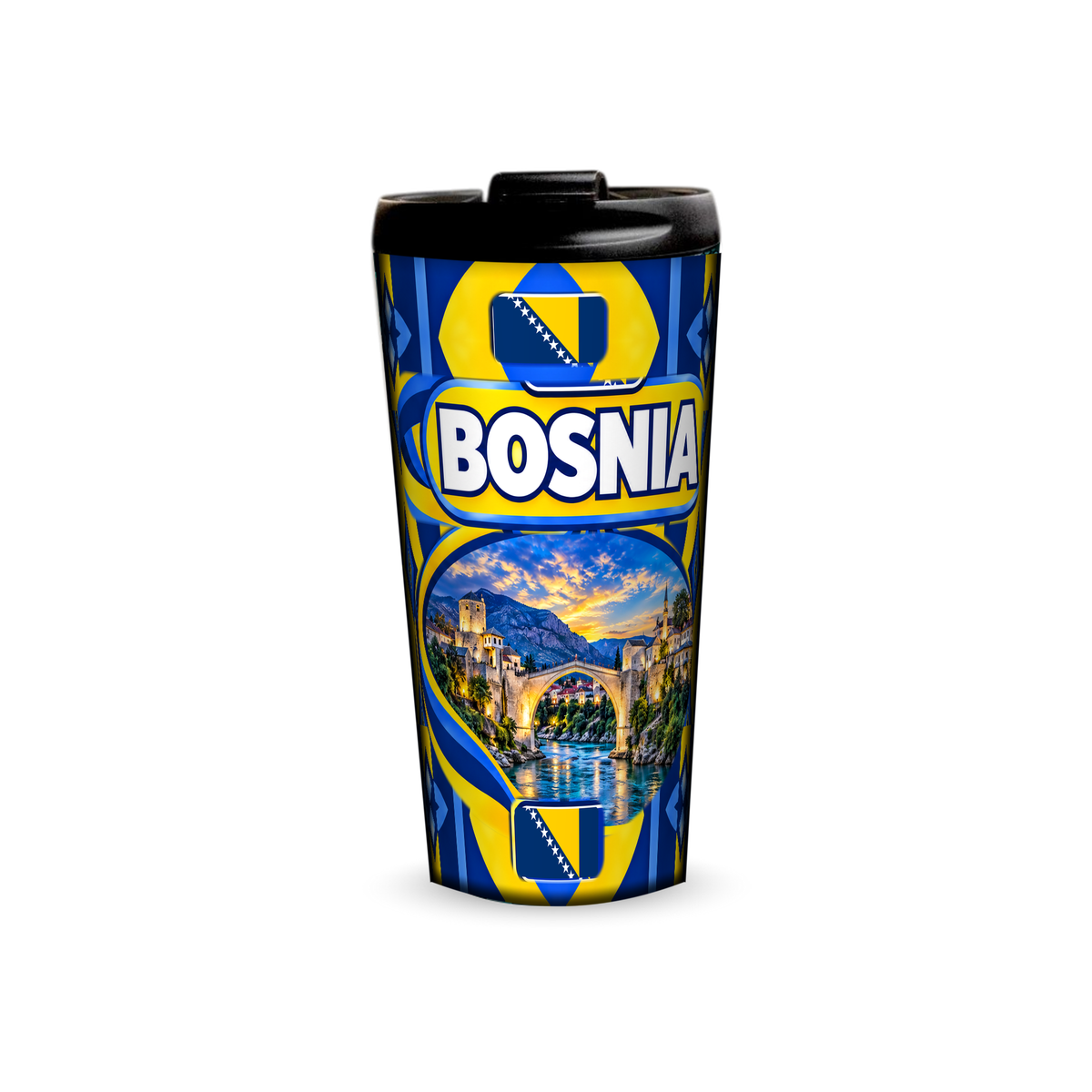 Bosnia 480ml tumbler front view with country design