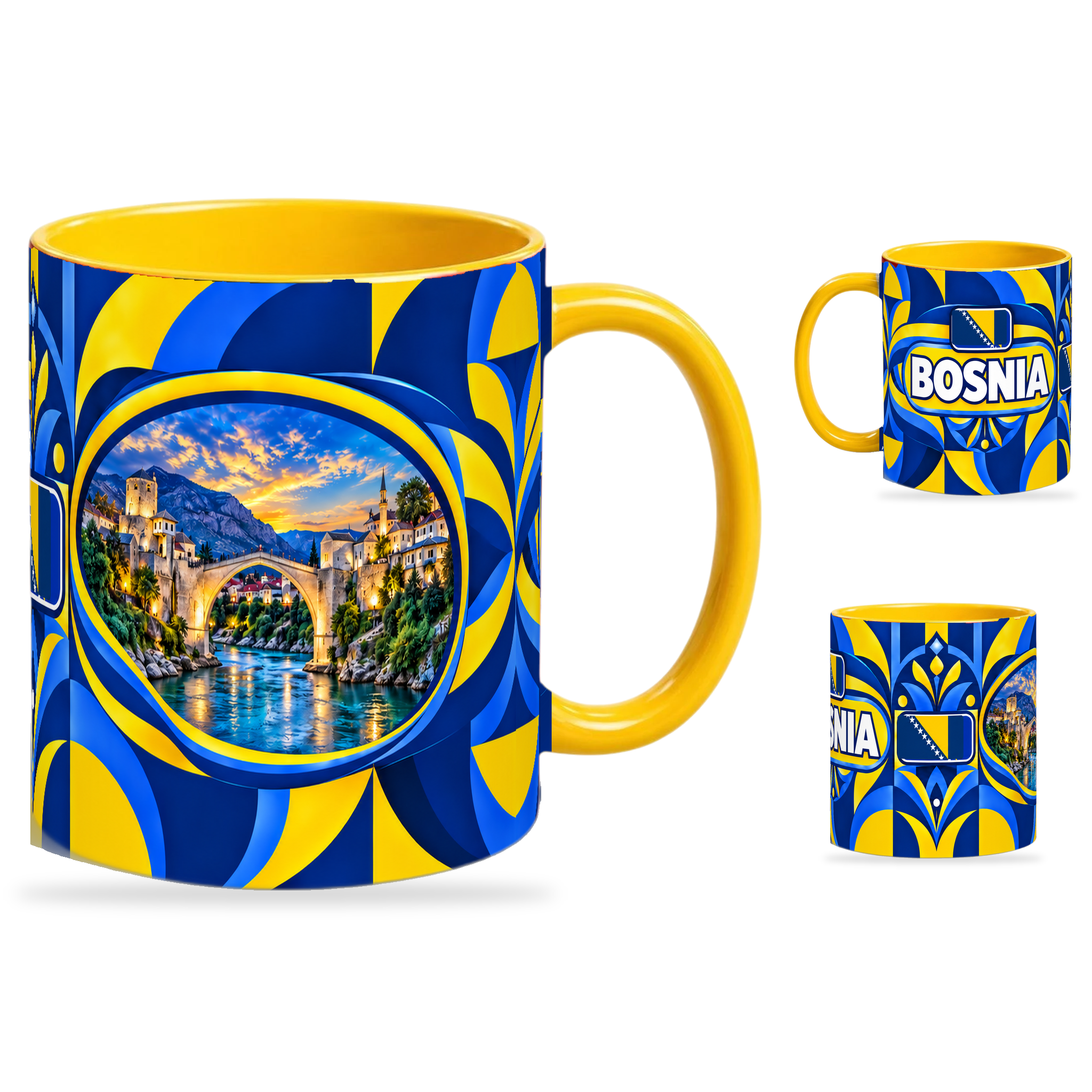Bosnia Mug Yellow – 320ml with yellow handle, showing the landmark side plus companion country-name and centered-flag views of the glossy full-wrap design by Fann Bliss.